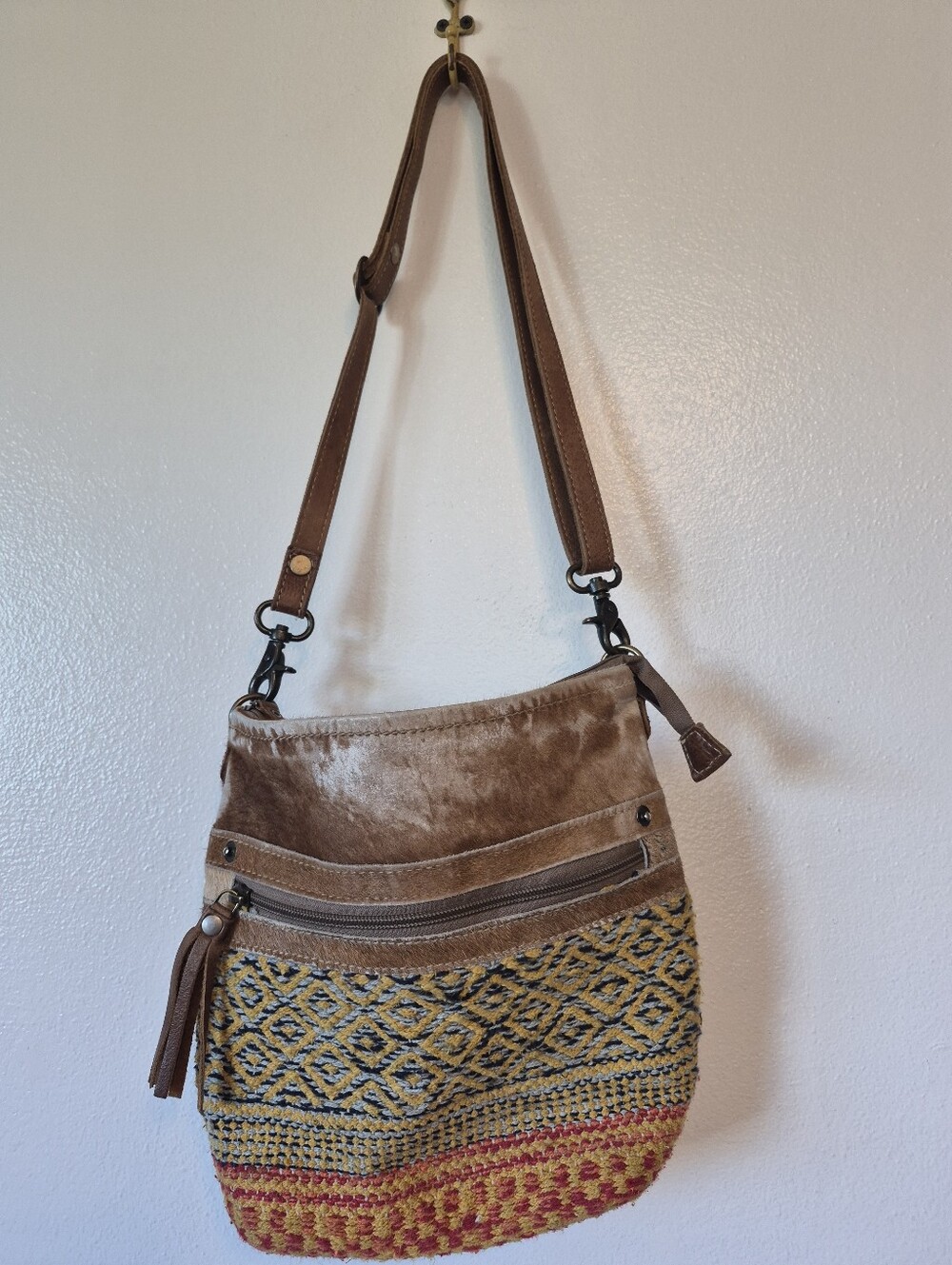 Myra Bag Hair-On-Hide Leather and Textured Woven Panel Multicolor Crossbody.